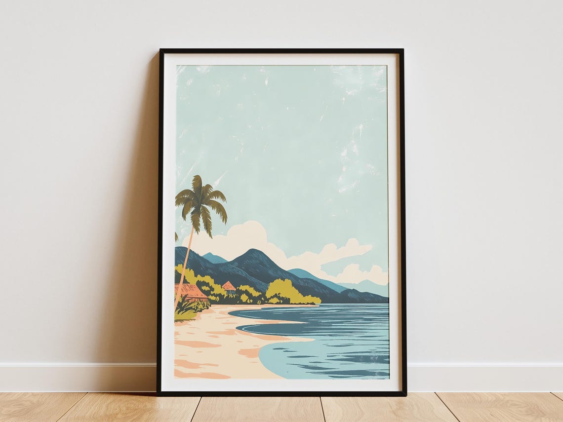 Tropical Island Beach with Huts and Mountains Vintage Poster