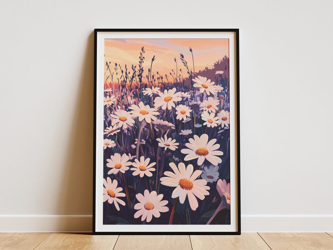 White Daisies at Twilight Beneath a Pink Sunset Sky Art Poster