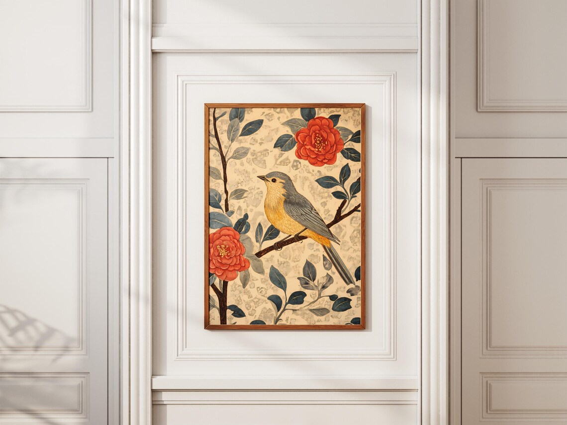 Yellow Songbird Perched On Branch Red Camellia Flowers Poster - Image 2