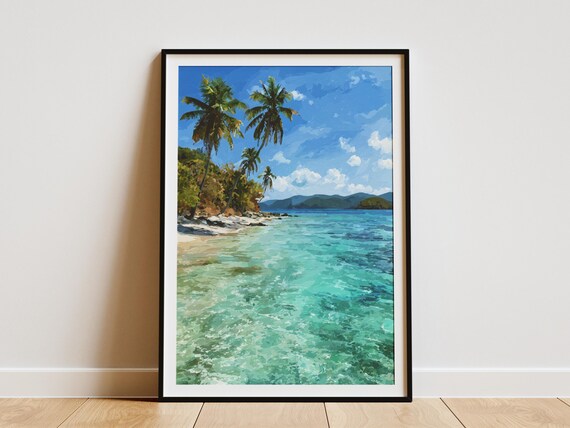 Tropical Turquoise Beach Palm Trees Vintage Style Island Art Poster