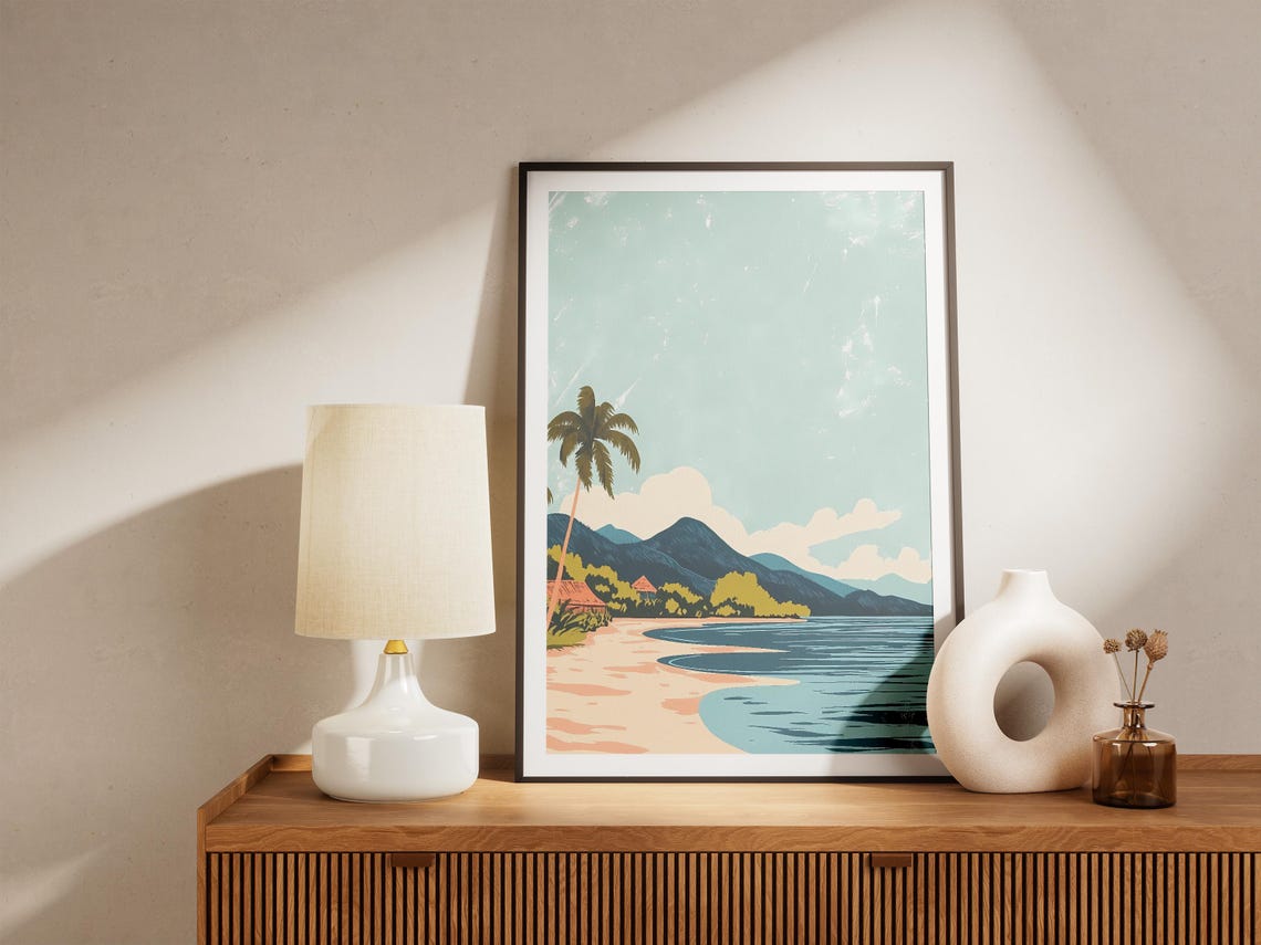 Tropical Island Beach with Huts and Mountains Vintage Poster - Image 5