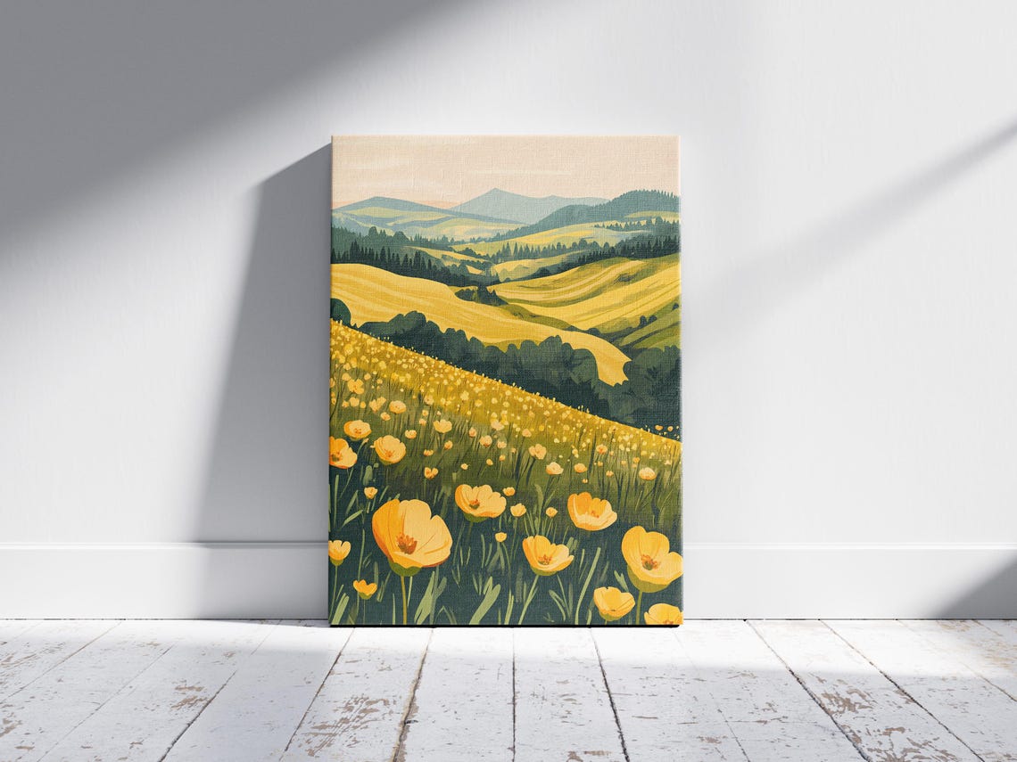 Yellow Wildflower Field Rolling Green Hills Meadow Spring Poster - Image 2