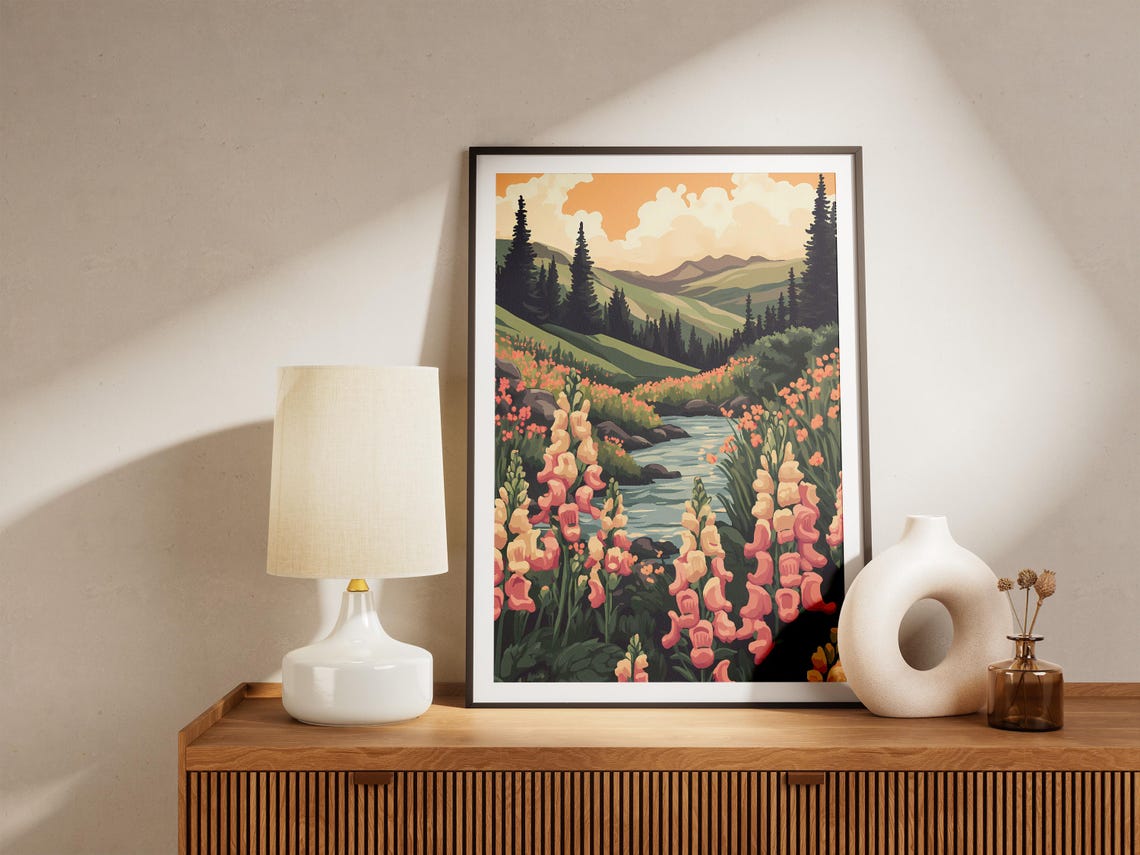 Pink Wildflower Meadow Mountain Stream Pines Landscape Poster - Image 5