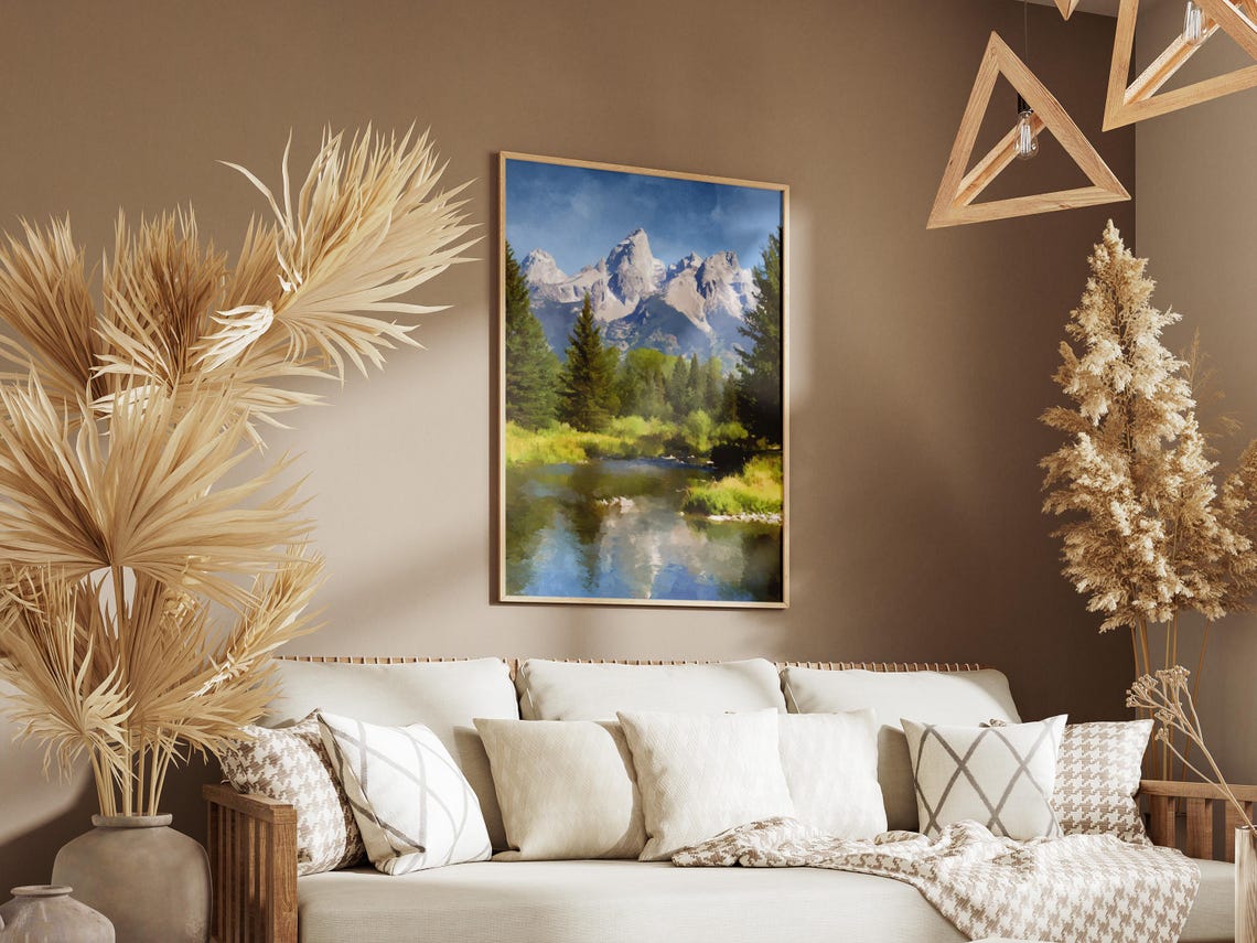Grand Teton Mountain Peaks River Reflection Landscape Poster - Image 3
