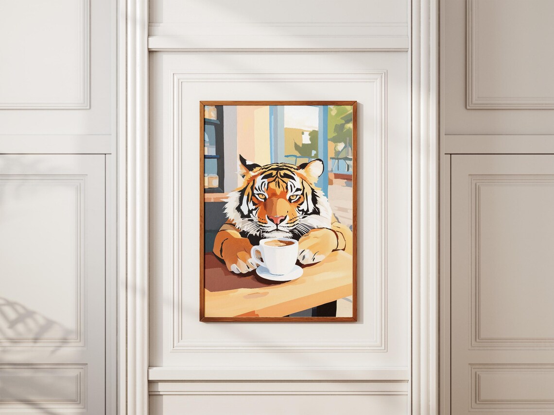 Tiger Drinking Coffee at Cozy Cafe Table Wildlife Art Poster - Image 2