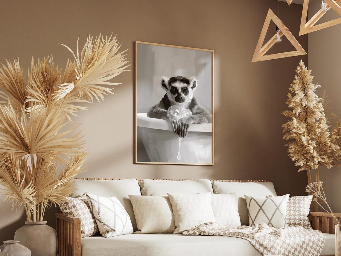Lemur Bathtub Bubble Bath Poster Print Minimalist Animal Art Bathroom Wall Decor Black And White Illustration Funny - Image 3