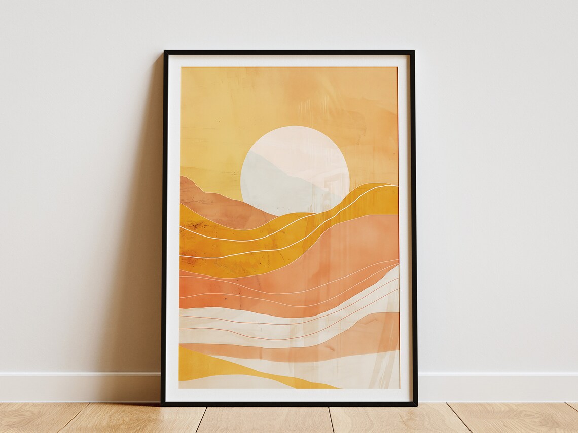 White Sun Over Layered Ochre Waves Abstract Desert Sunset Poster