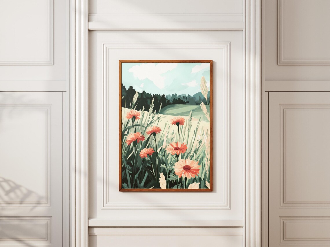 Orange Wildflower Meadow With Distant Rolling Green Hills Poster - Image 2