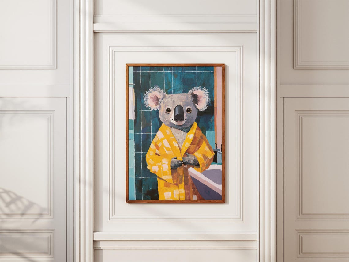 Cute Koala In A Yellow Bathrobe Against Dark Teal Tiles Poster - Image 2