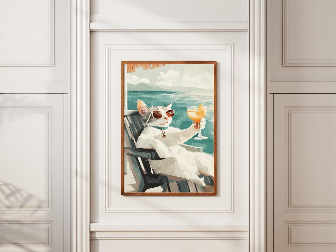 Cool White Cat in Sunglasses Holding a Cocktail at the Beach Poster - Image 2