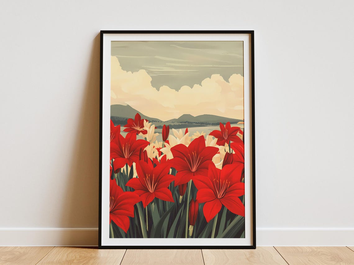 Red Amaryllis Flowers Dramatic Sky Field Illustration Poster