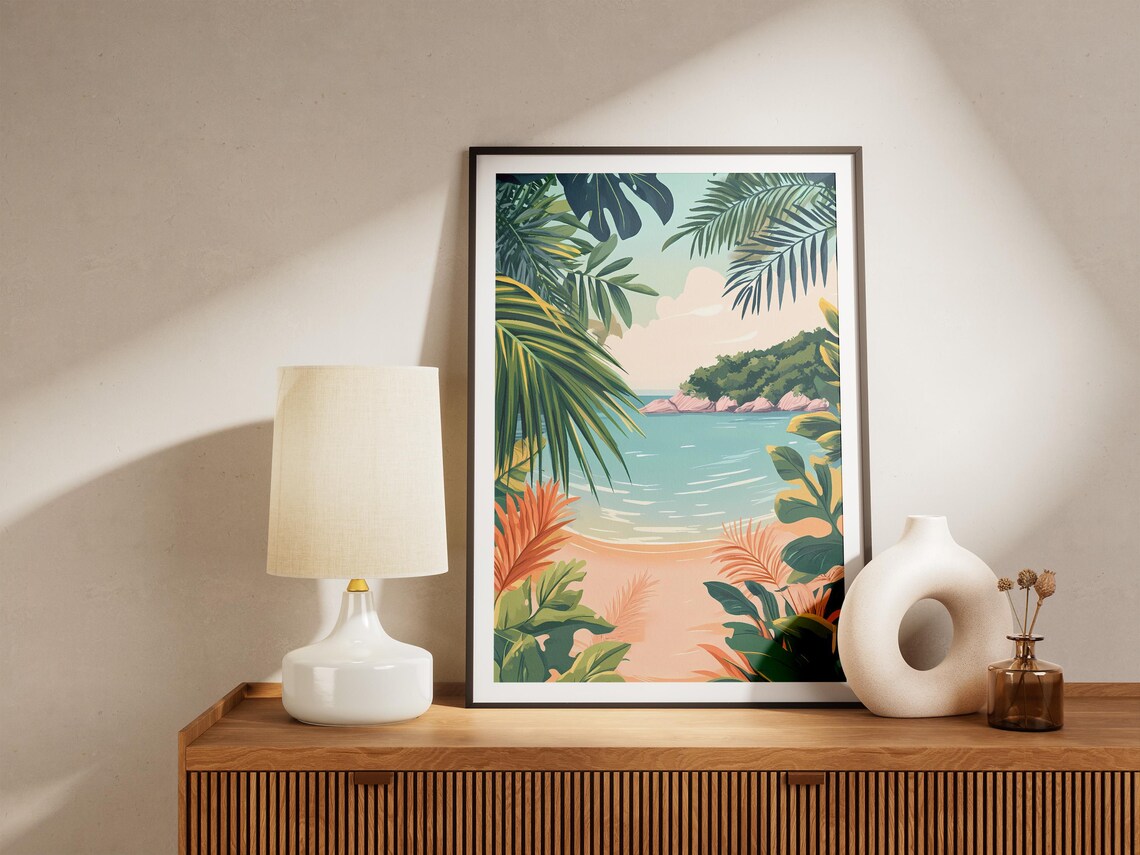 Tropical Beach Cove Framed by Palm Leaves Illustration Poster - Image 5