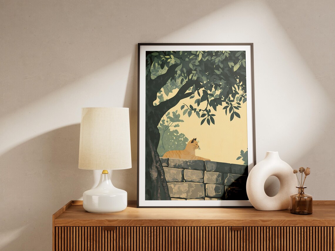 Orange Tabby Cat Resting on Stone Wall Under Leafy Tree Warm Art Poster - Image 5