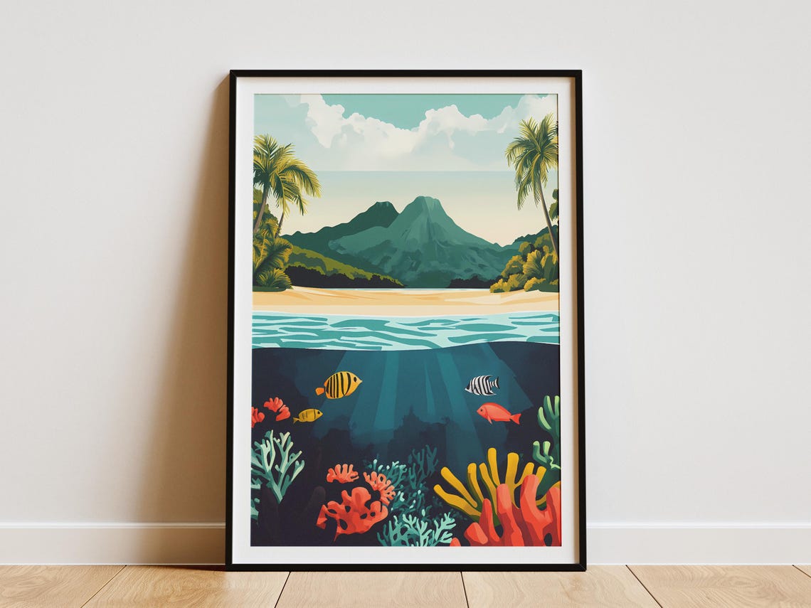 Tropical Island Beach Above Coral Reef Underwater Split View Poster