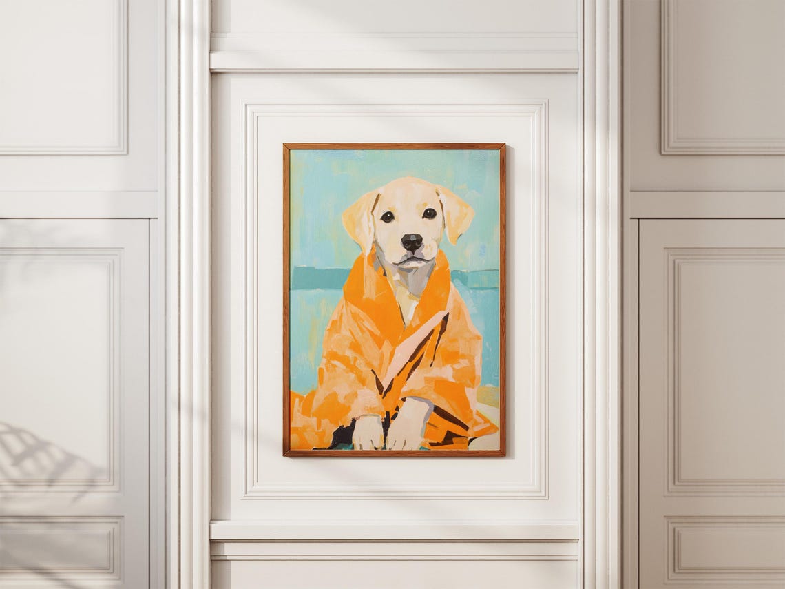 Yellow Labrador Puppy In Orange Bathrobe Poster Cute Dog Bathroom Art - Image 2