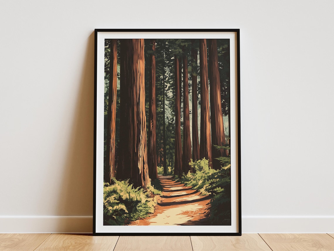Redwood Forest Vintage National Park Tall Trees Trail Path Art Poster