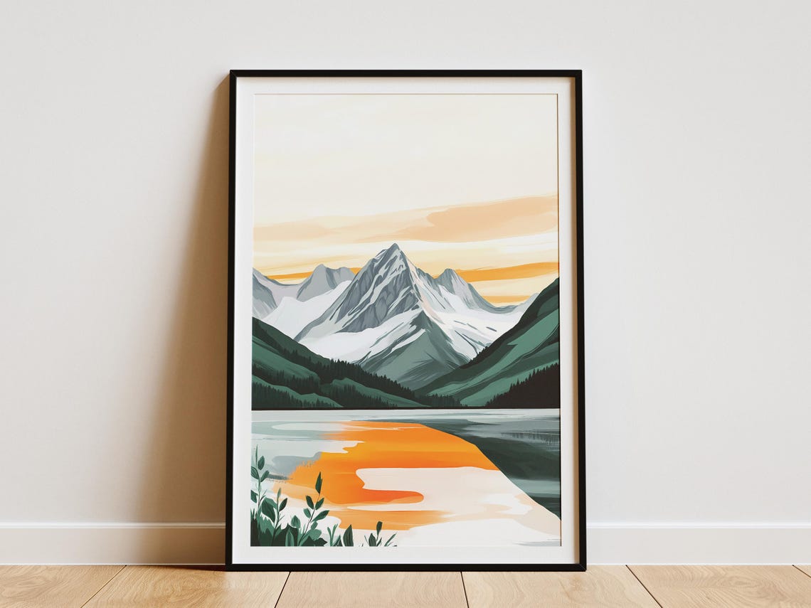 Alpine Lake With Orange Sunset Reflection Snowy Peaks Poster
