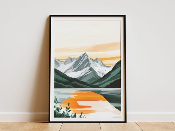 Orange Sunset Mountain Lake Landscape Art Print Nature Poster Modern Wall Decor Calm Minimalist Home Decor Snow Peak Lake Poster Orange And