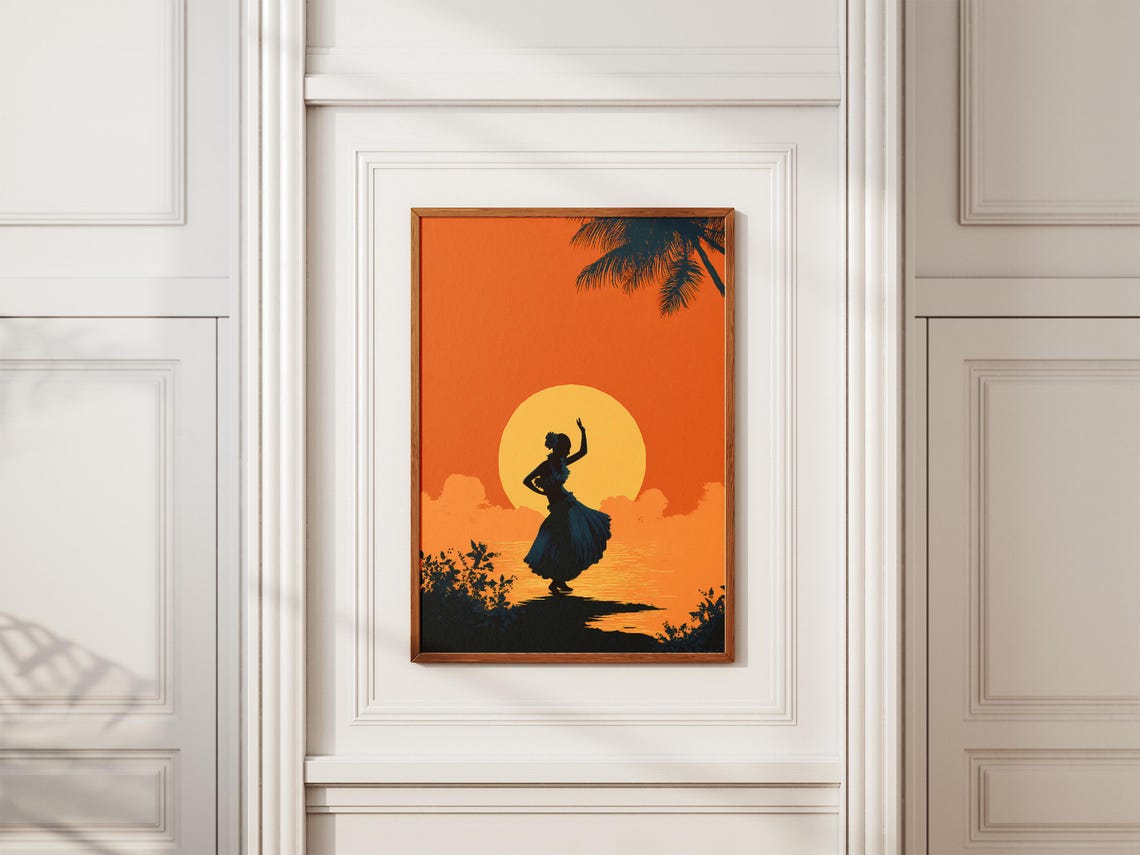 Hula Dancer Silhouette Big Sun Orange Sunset Tropical Art Poster - Image 2