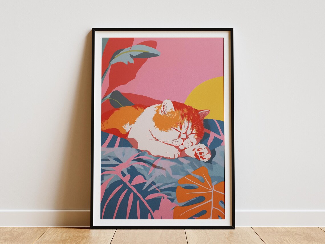 Orange and White Cat Sleeping Among Bold Tropical Leaves Modern Art Poster