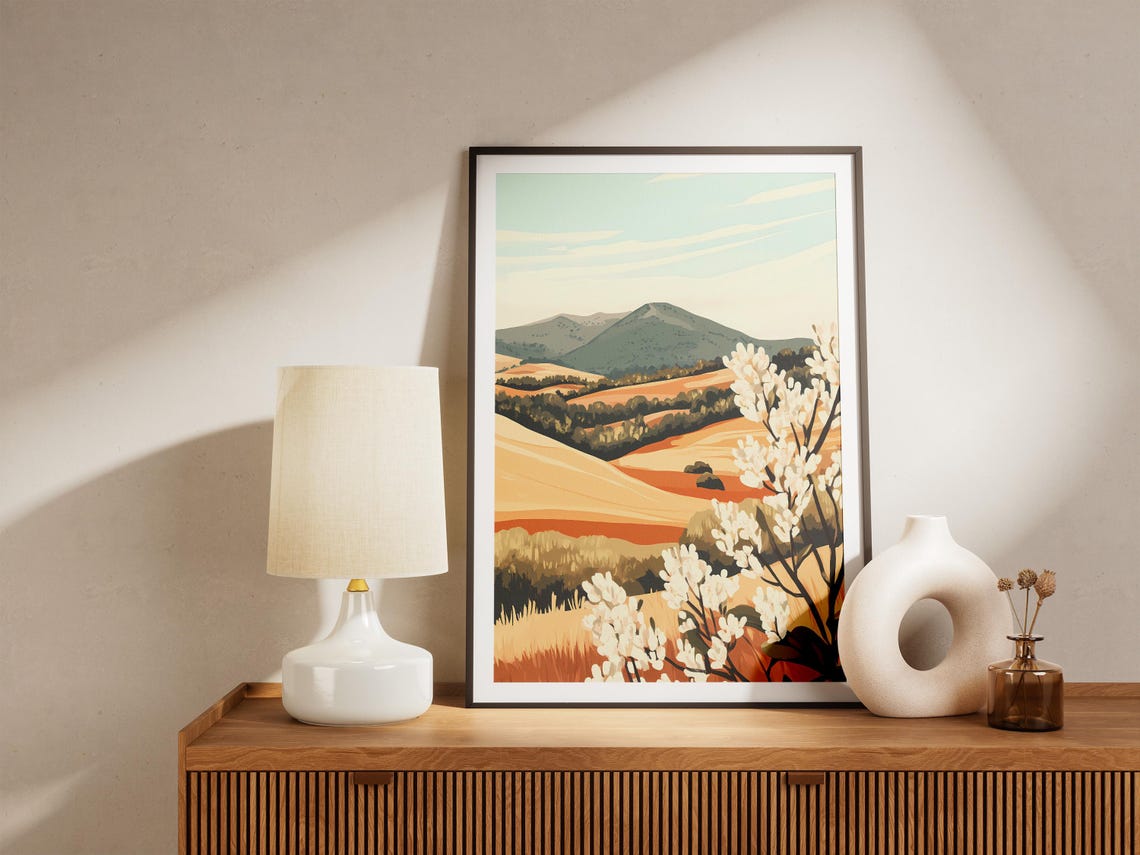 Golden Grain Hills With White Blossom Branches Pastoral Poster - Image 5