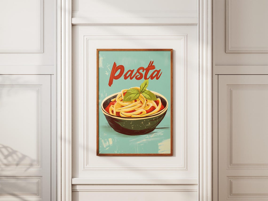 Pasta Spaghetti Basil Bowl Bold Red Retro Italian Food Poster - Image 2