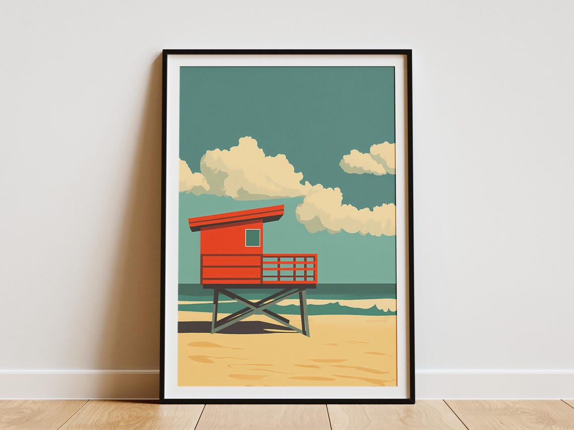Red Lifeguard Tower on a Sandy Beach Under a Teal Sky Poster