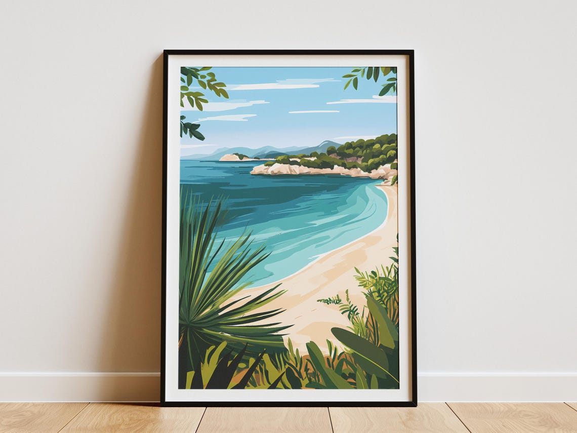 Curved Tropical Beach Bay Turquoise Water Illustration Poster