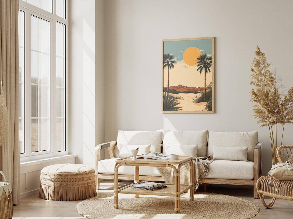 Desert Oasis Poster Tall Palm Trees Golden Sun Wall Decor Gift - Image 3