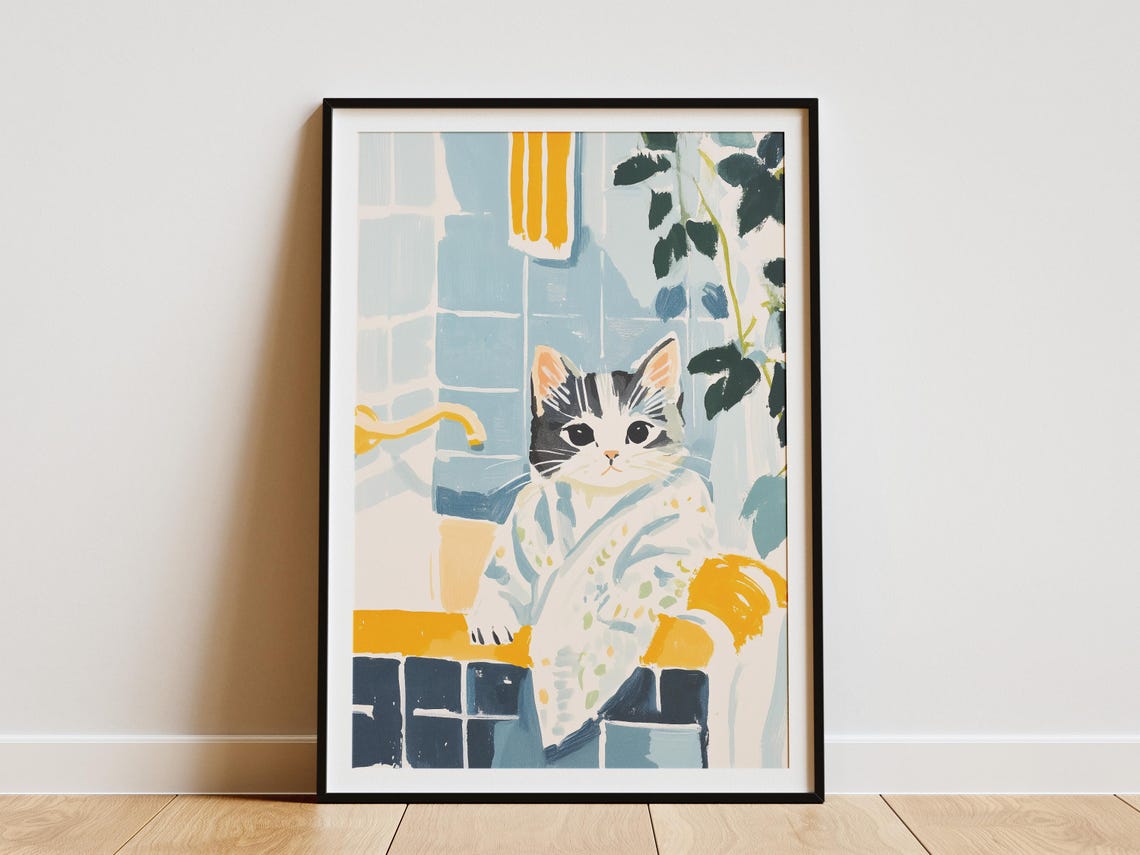 Black And White Kitten In Floral Robe Poster Cute Cat Bathroom Decor