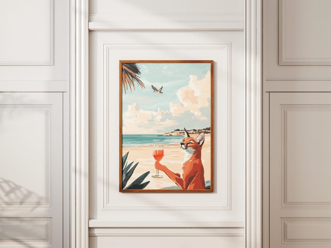 Elegant Caracal Cat Holding a Wine Glass at Sunset Beach Poster - Image 2