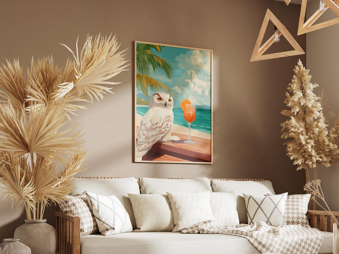 Snowy Owl Eyeing A Tall Orange Cocktail On Tropical Beach Poster - Image 3