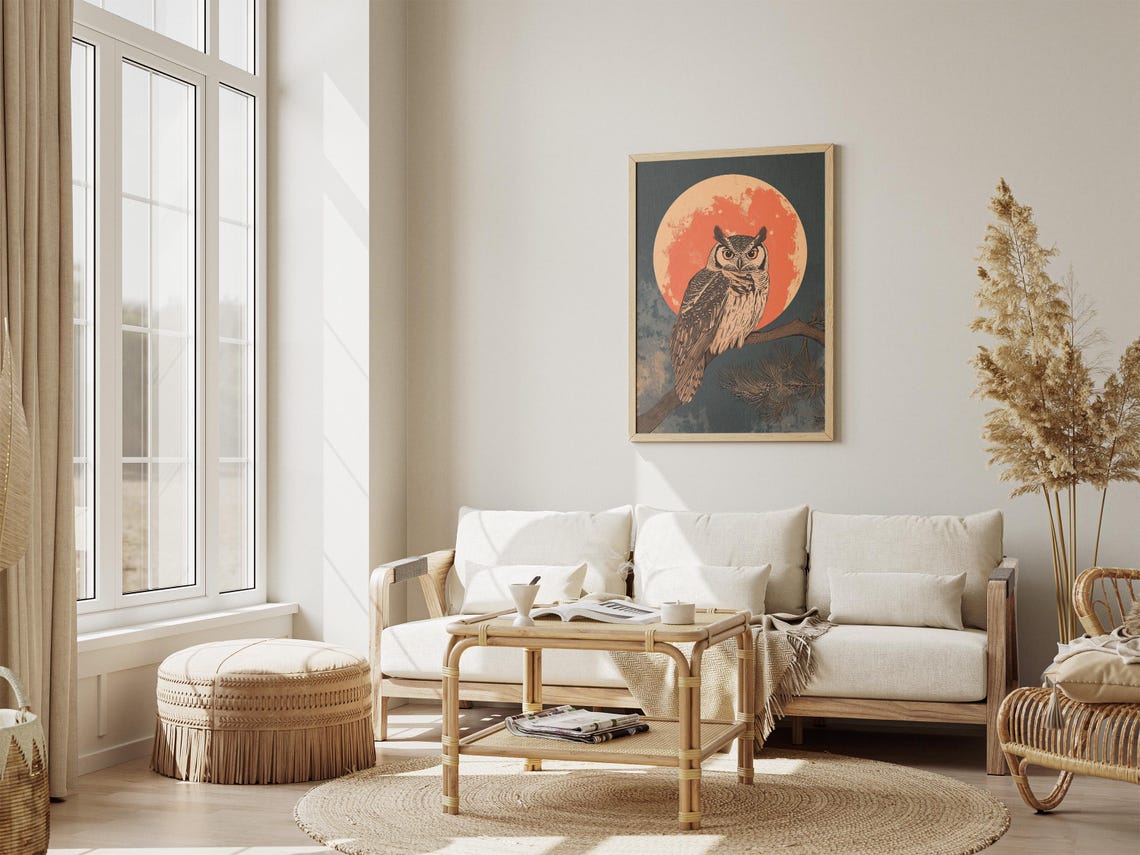 Owl Perched on a Pine Branch Beneath Large Orange Moon Poster - Image 4