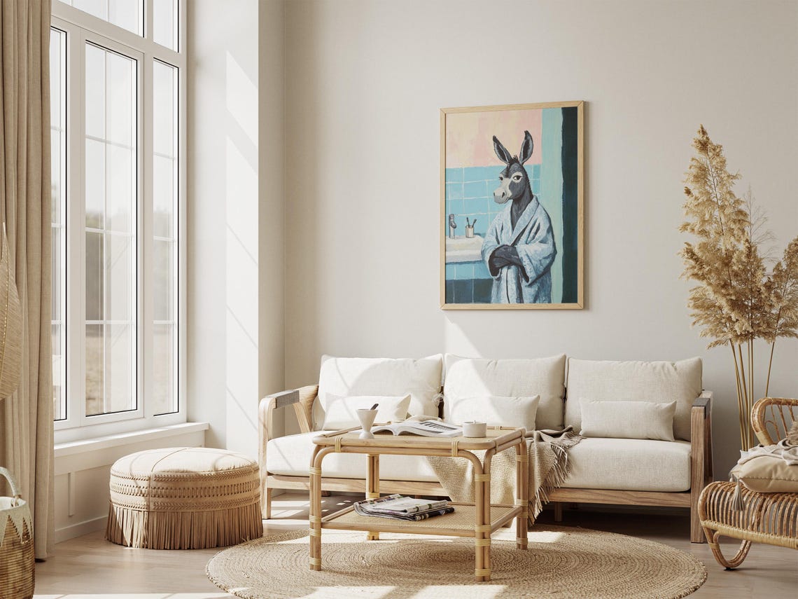 Donkey in Blue Bathrobe Funny Bathroom Animal Portrait Poster - Image 4