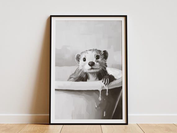 Ferret Bathtub Poster Bubble Bath Wall Art Minimalist Animal Print Cute Pet Home Decor Lover Gift Bathroom