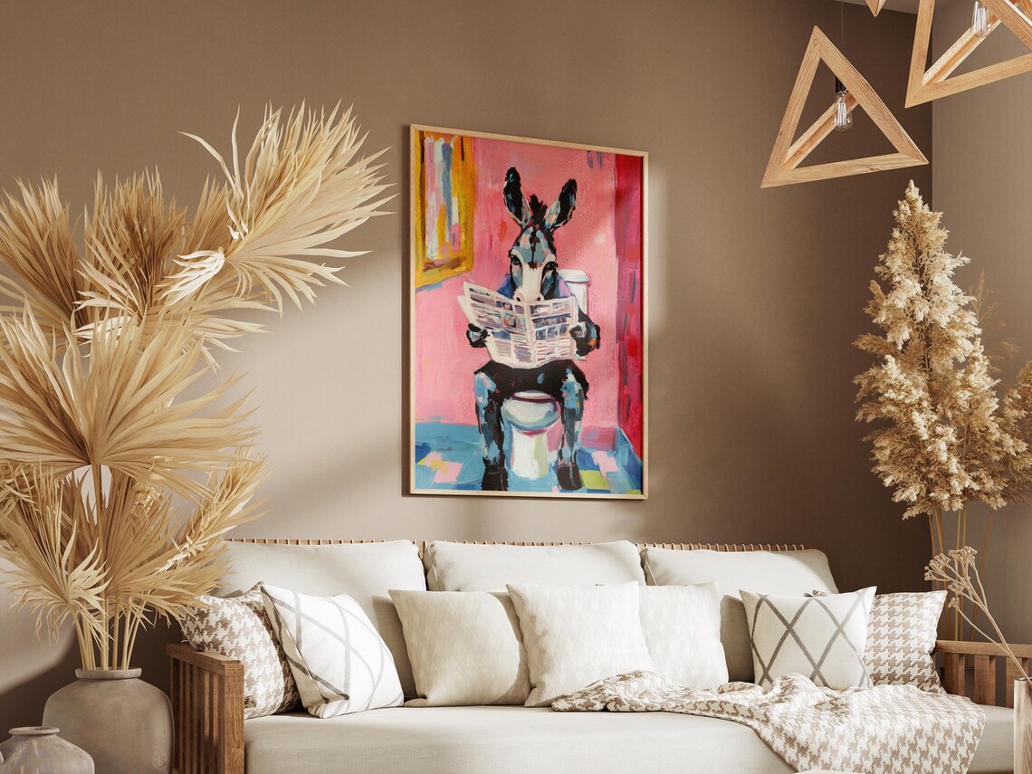 Donkey on Toilet Reading Newspaper Pink Bathroom Funny Poster - Image 3