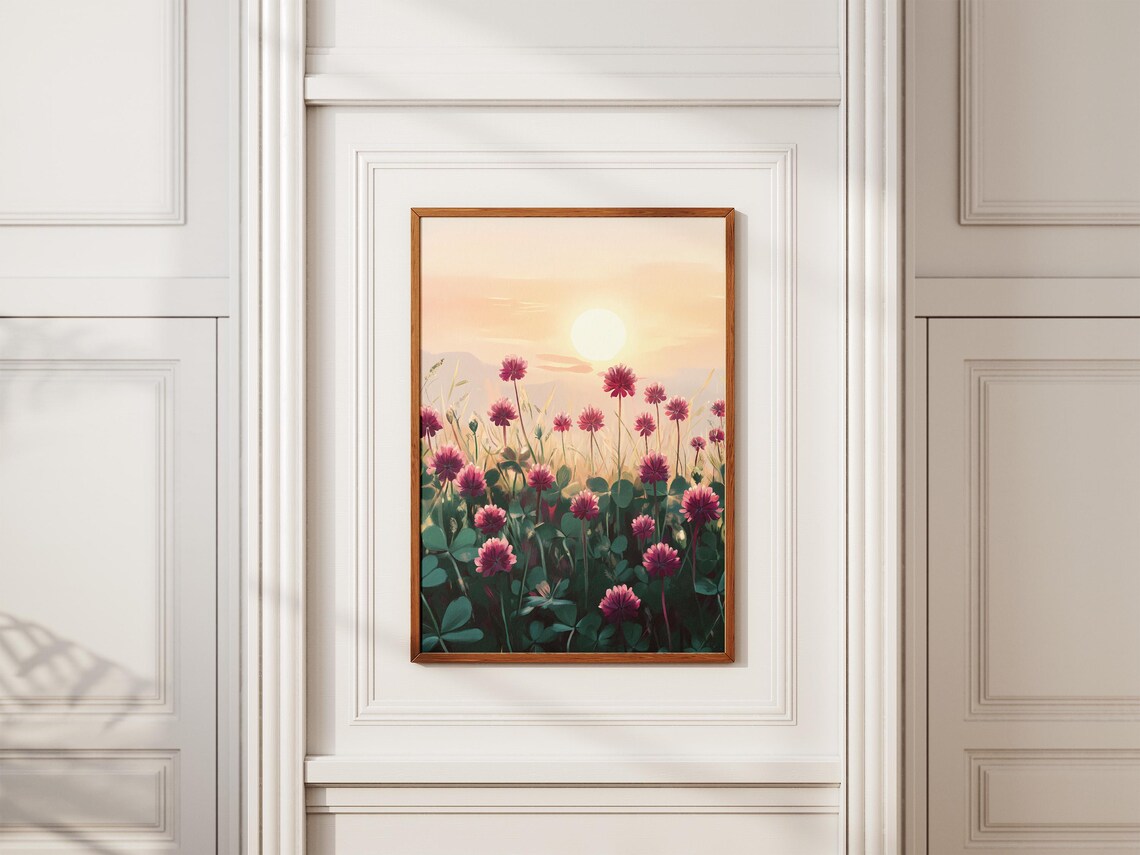 Red Clover Blossoms Soft Sunrise Meadow Warm Glowing Flower Poster - Image 2