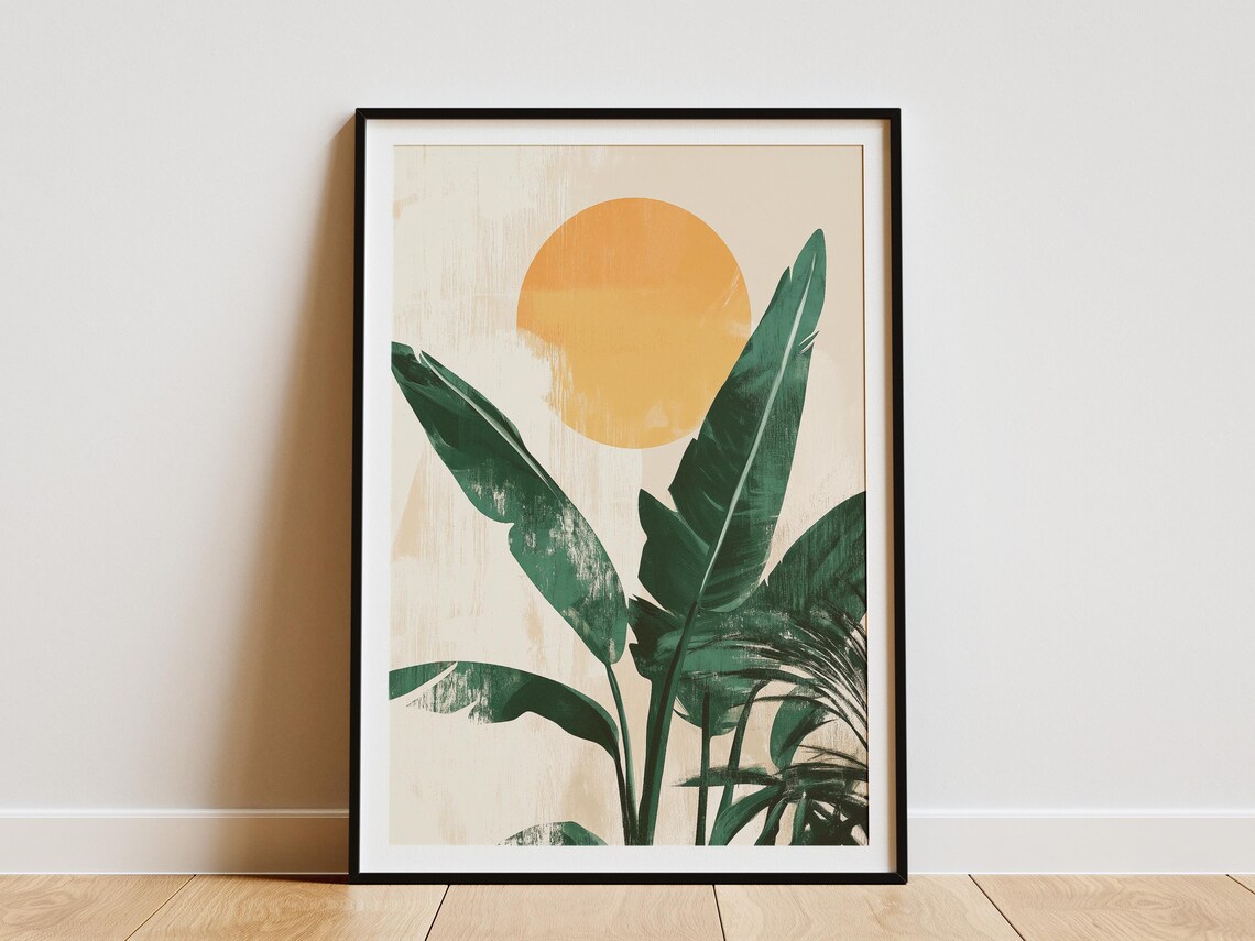 Banana Leaves Rising Sun Beige Minimalist Botanical Wall Poster