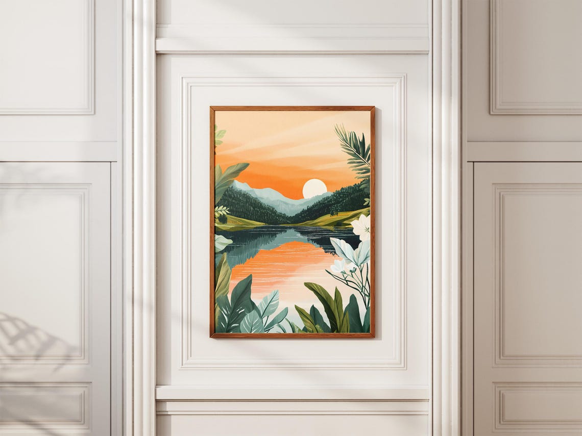 Tropical Sunset Lake With Orange Sky Modern Botanical Poster - Image 2