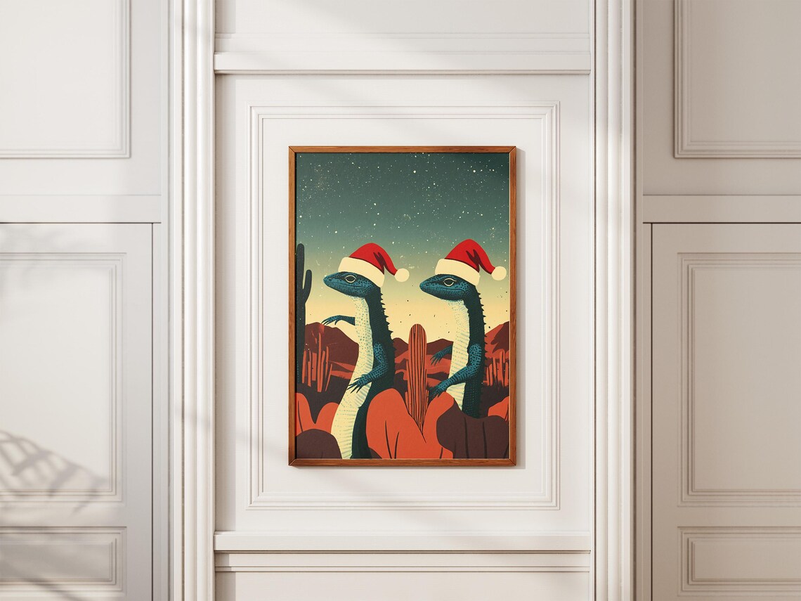 Funny Christmas Lizards in Santa Hats Desert Night Holiday Poster - Image 2