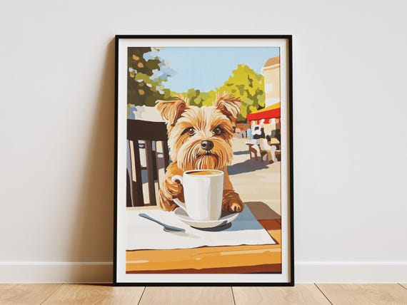 Yorkshire Terrier Drinking Coffee Poster Dog Lover Gift Cute Puppy Wall Art Print Cafe Decor Yorkie