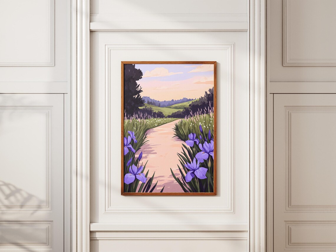 Purple Irises Lining Country Road At Sunset Serene View Poster - Image 2