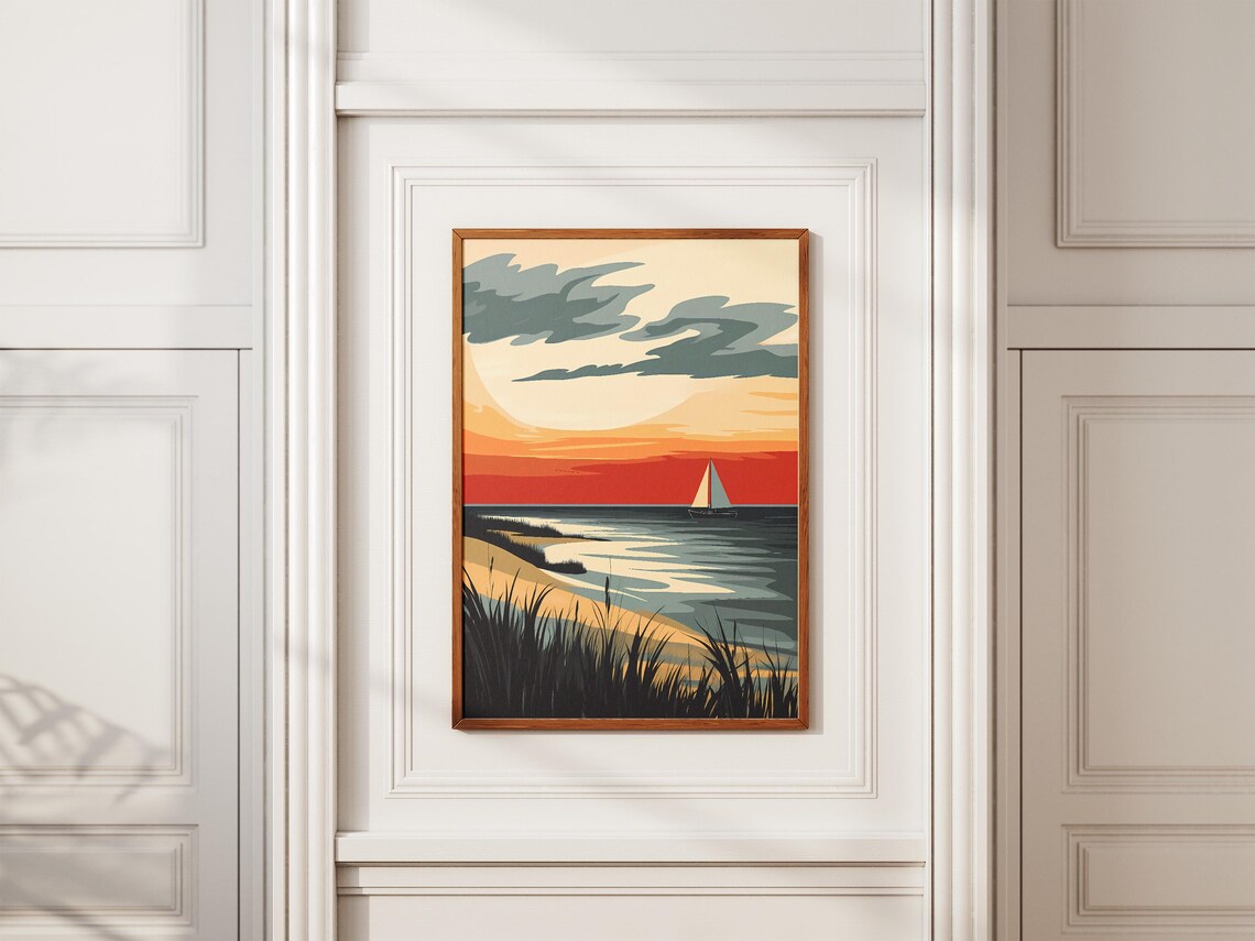 Wadden Sea Sunset Sailboat Grassy Dunes Northern Coastal Travel Poster - Image 2
