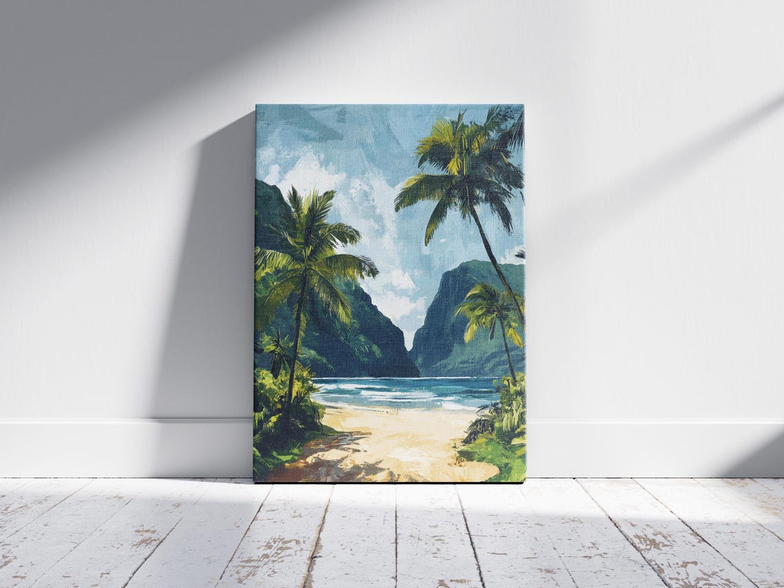 Tropical Beach with Palm Trees Green Cliffs Ocean Escape Poster - Image 2
