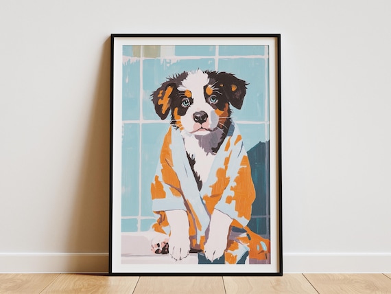 Australian Shepherd Puppy in Orange Bathrobe Cute Bath Poster