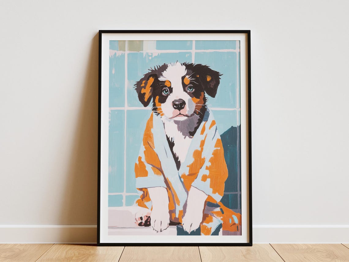 Australian Shepherd Puppy in Orange Bathrobe Cute Bath Poster