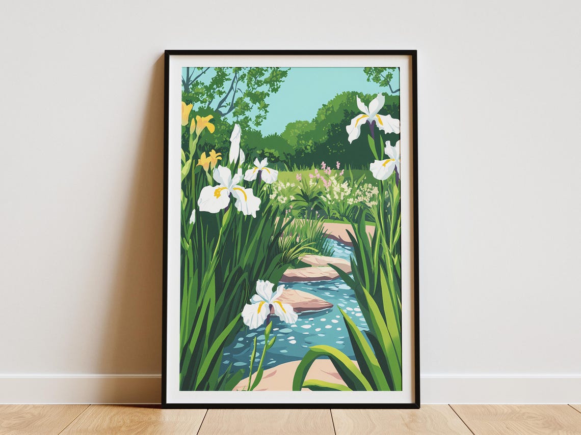 White Irises Beside a Garden Stream Poster With Blue Water Bloom
