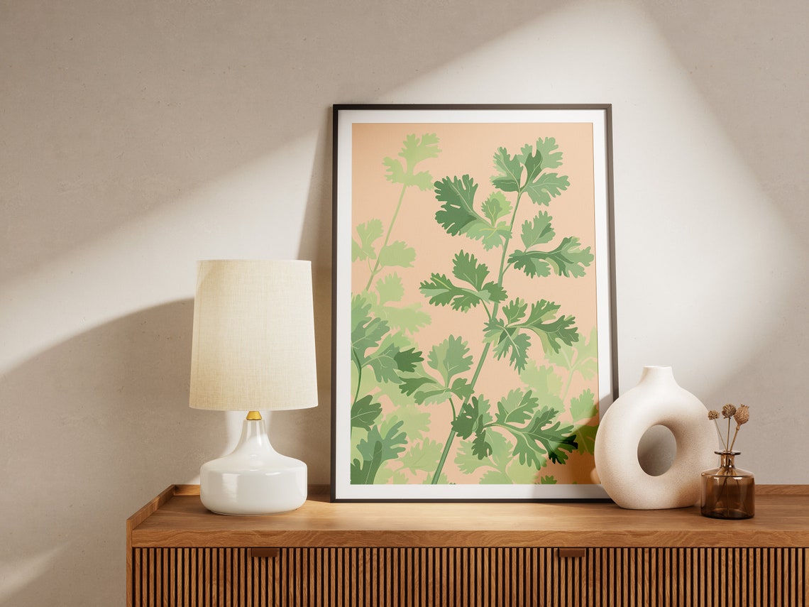 Fresh Cilantro Herb Leaves Peach Minimalist Kitchen Art Poster - Image 2