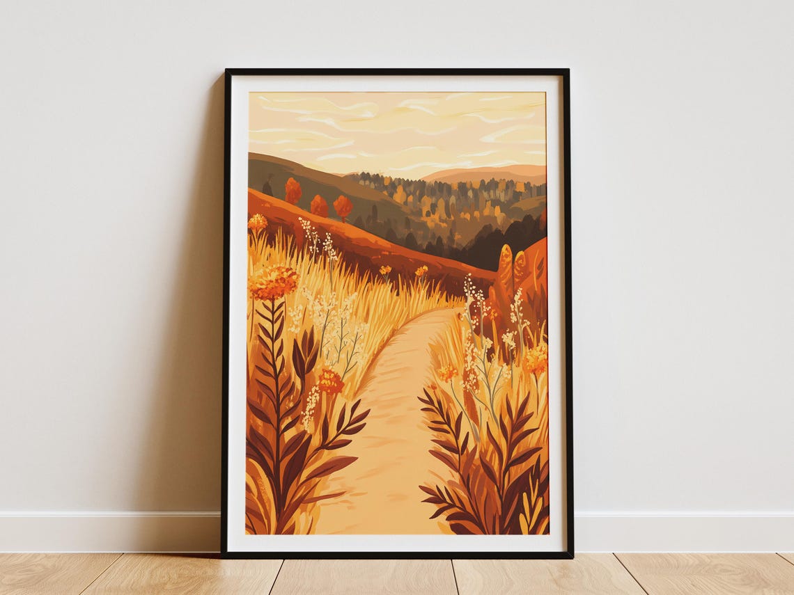Autumn Golden Path Through Wildflower Field Hiking Trail Poster