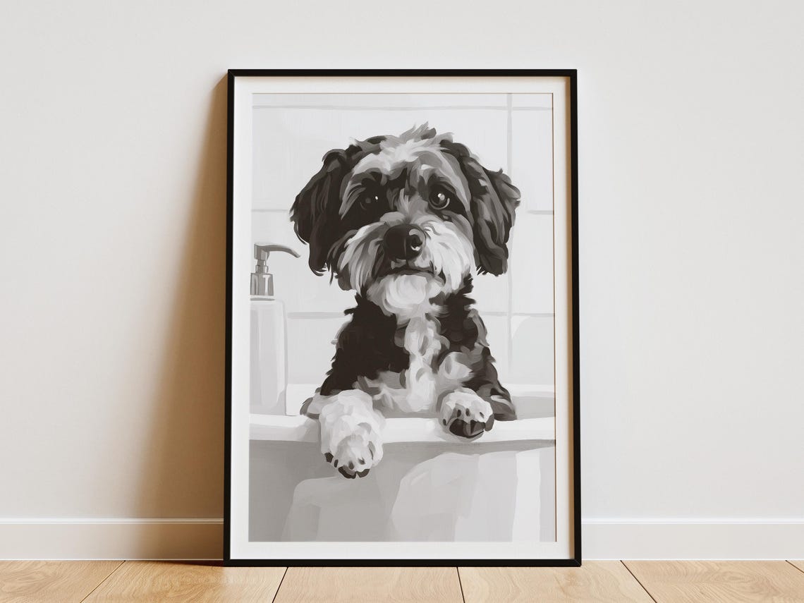 Dog In Bathtub Poster Scruffy Terrier Bubble Bath Bathroom Decor